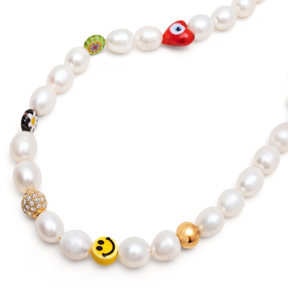 Women's Smiley Face Pearl Necklace with Assorted Beads
